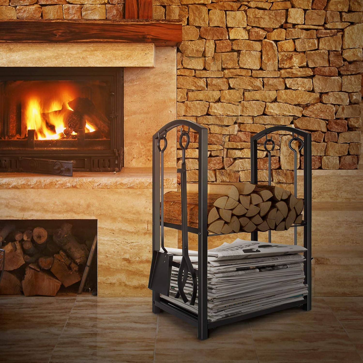 WBHome Firewood Rack with 4 Tools - Iron Fire Log Holder Storage Set Includes Brush, Shovel, Poker, and Tongs, 17 x 29 x 12 inches, for Indoor / Outdoor