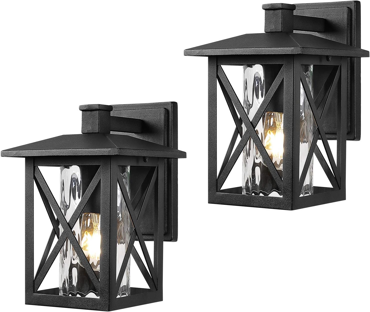 Beionxii Outdoor Wall Sconces | Twin-Pack Exterior Porch Light Fixtures, Sand Textured Black with Water Rippled Glass - A330W-2PK