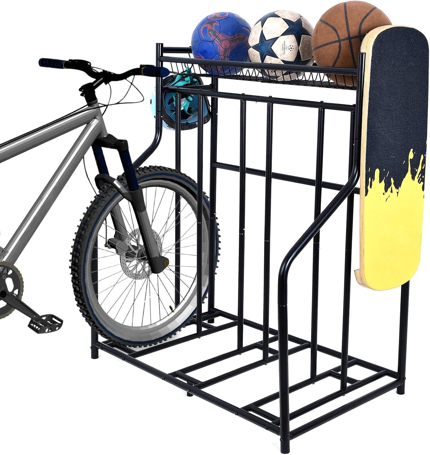 Lycklig Bike Rack for Garage Floor Parking Stand for 3 Bicycles, Bike Stand Rack with Storage Basket, Free Standing Bicycle Rack for Road, Mountain, Hybrid, Adult or Kids Bike, Black