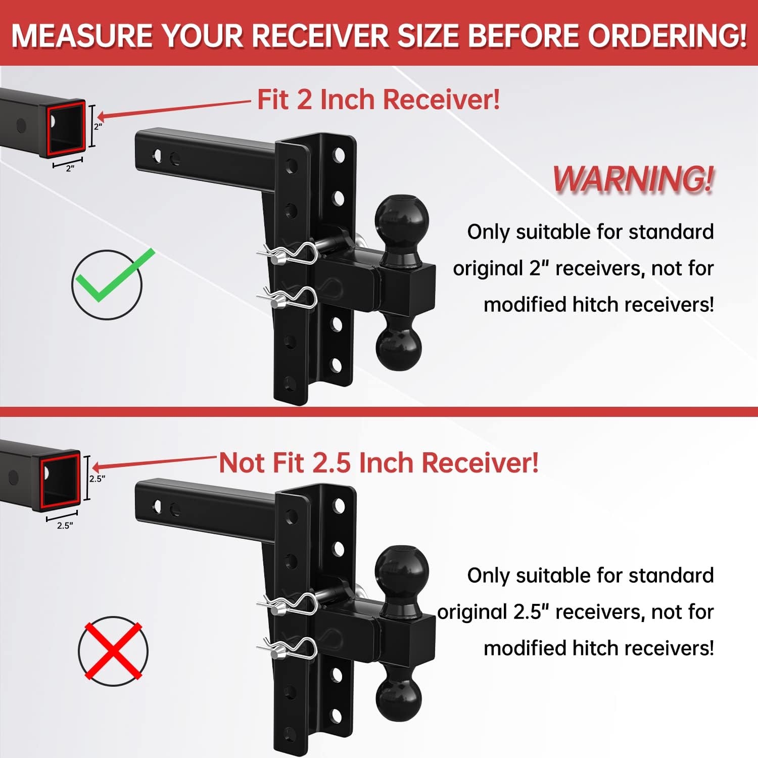 IFOKA Adjustable Trailer Hitch, 8 Inch Drop Hitch, Fits 2 Inch Trailer Hitch Receiver Shank, 2 Inch & 2-5/16 Inch Dual Balls Towing Hitch with Lock Pins, Black Powder Coated