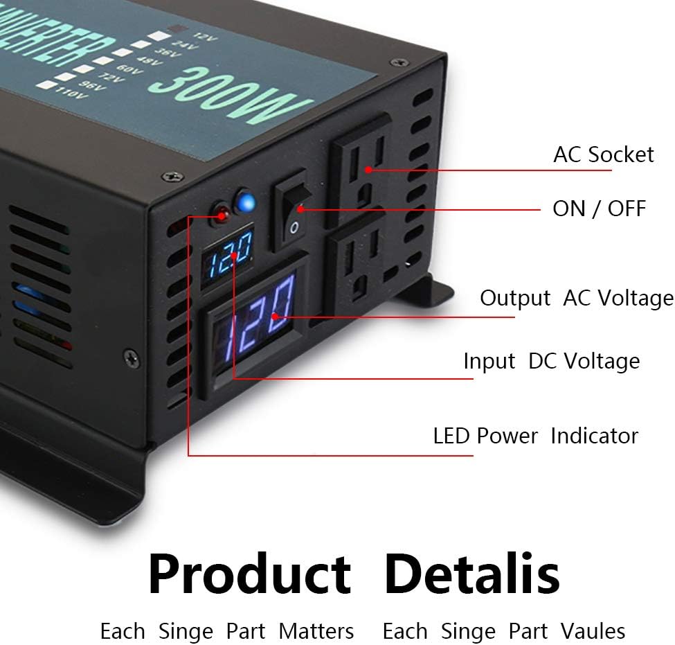 WZRELBRBP30024B1 Strong Car Power Inverter LED Display 300W Pure Sine Wave Car Inverter 24VDC Power Inverter, Black, 300W24V