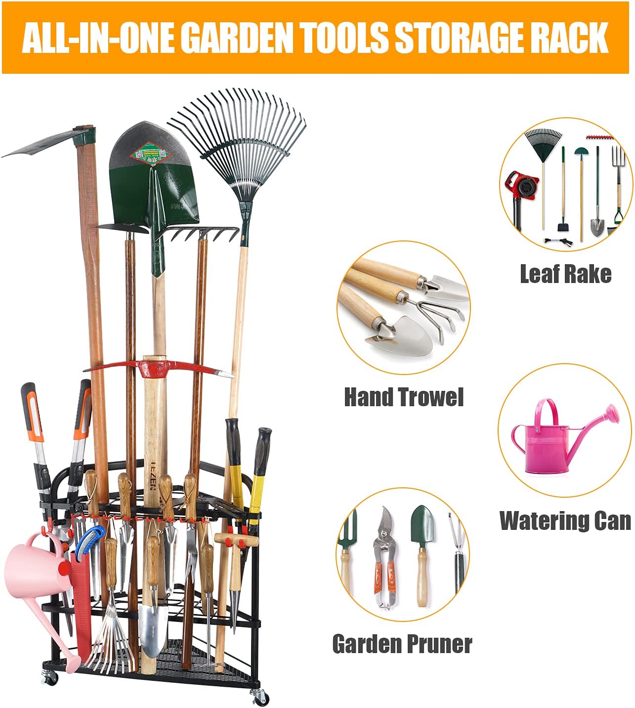 PLKOW Garden Tool Organizer with Wheels and Storage Hooks, Rolling Corner Tool Storage Rack for Garden, Shed, Garage, Powder Coated Steel, Black