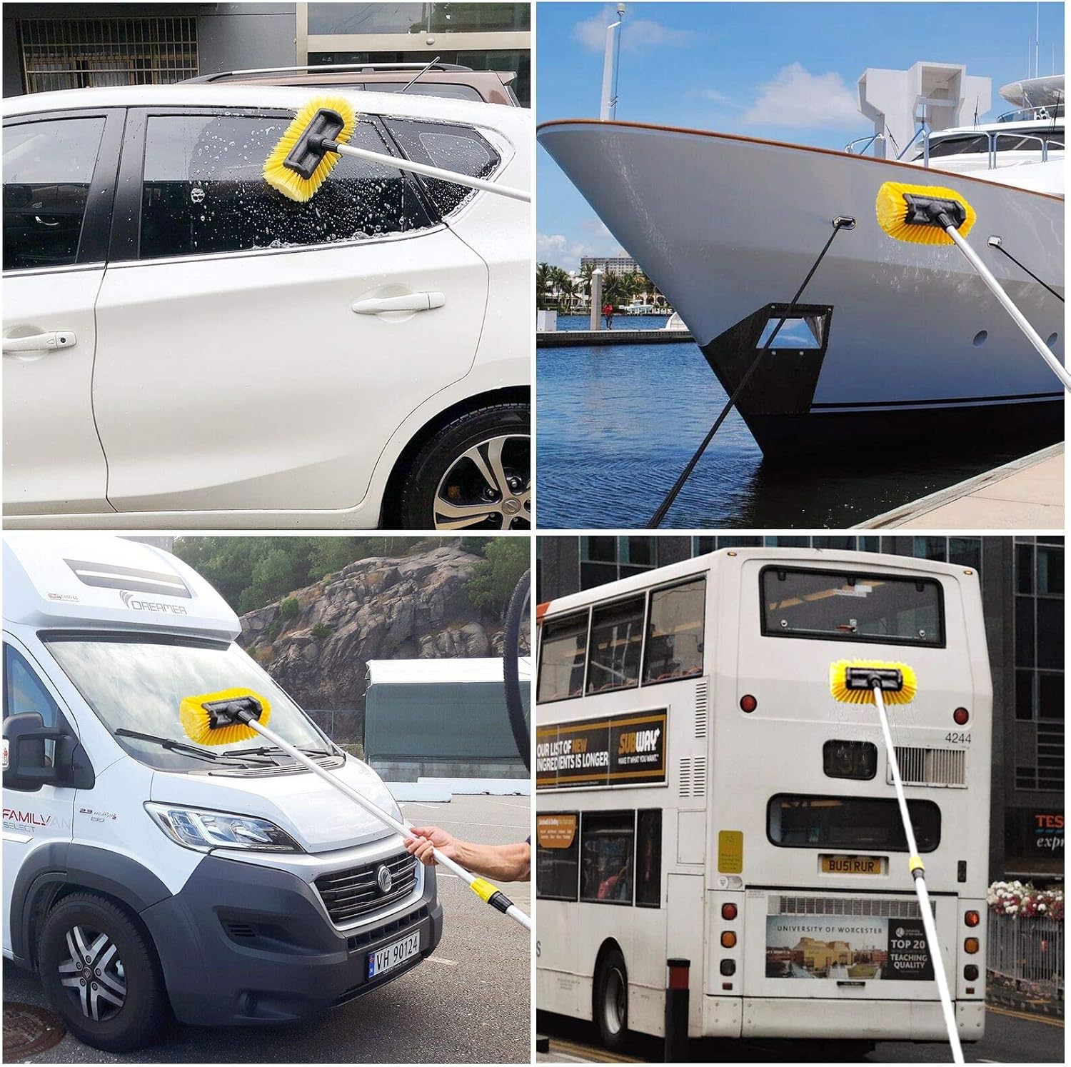 Buyplus 5-12 Foot (20 Foot Reach) Soft Bristle Car Wash Brush with Long Handle - Telescopic Extension Flow Through Car Washing Brush with On/Off Switch Hose Attachment for Cars, Boats, RVs, Trucks Pack of 2