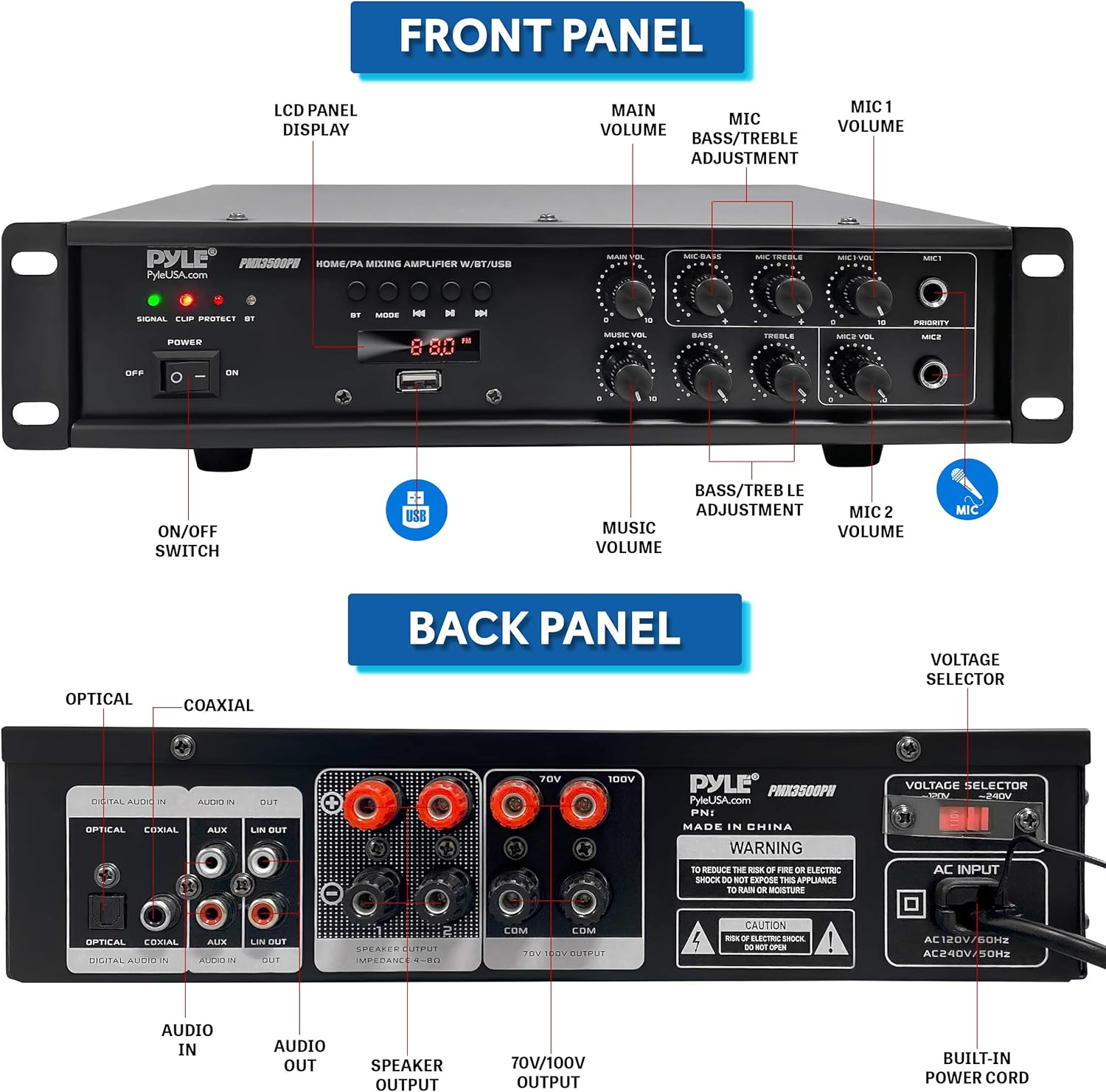 Bluetooth Home PA Mixing Amplifier - 500W Home Audio Rack Mount Stereo Power Amplifier Receiver w/FM Radio, Digital LED Display, USB/AUX/Mic, Optical/Coaxial, AC-3, 70V/100V Output - Pyle PMX3500PH