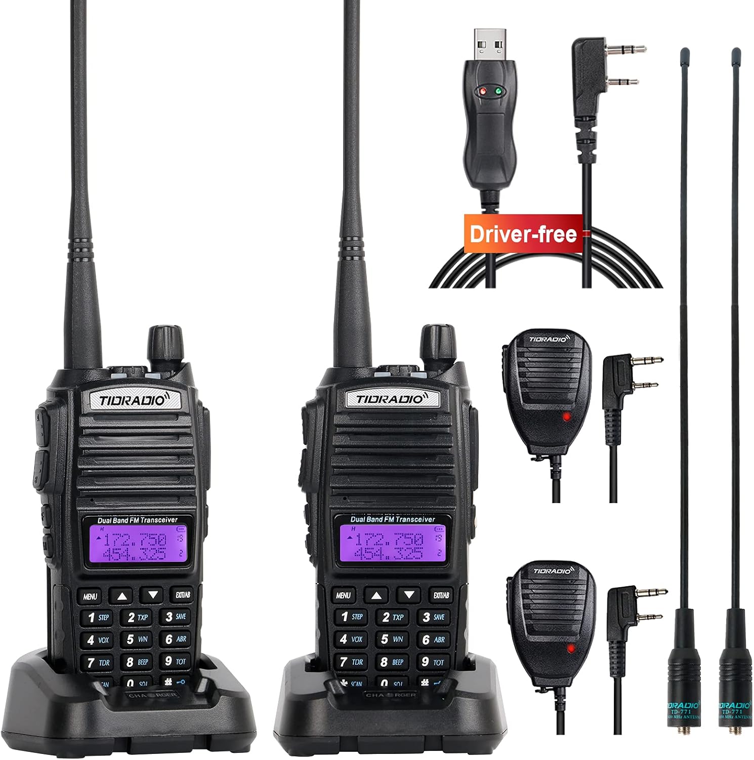 TIDRADIO UV-82 Ham Radio Handheld 2 Way Radio with Driver Free Programming Cable and Long Antenna(2Pack-Black) Pack of 2