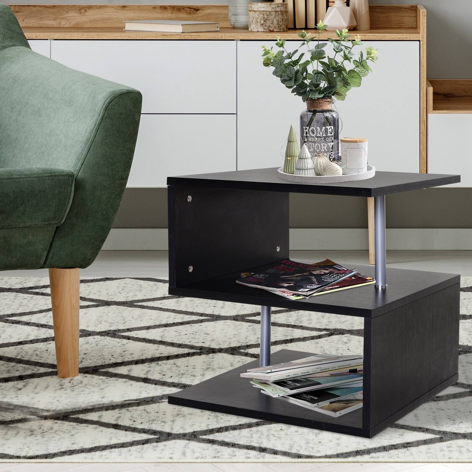 HOMCOM Modern Contemporary Black Multi Level S-Shaped End Table