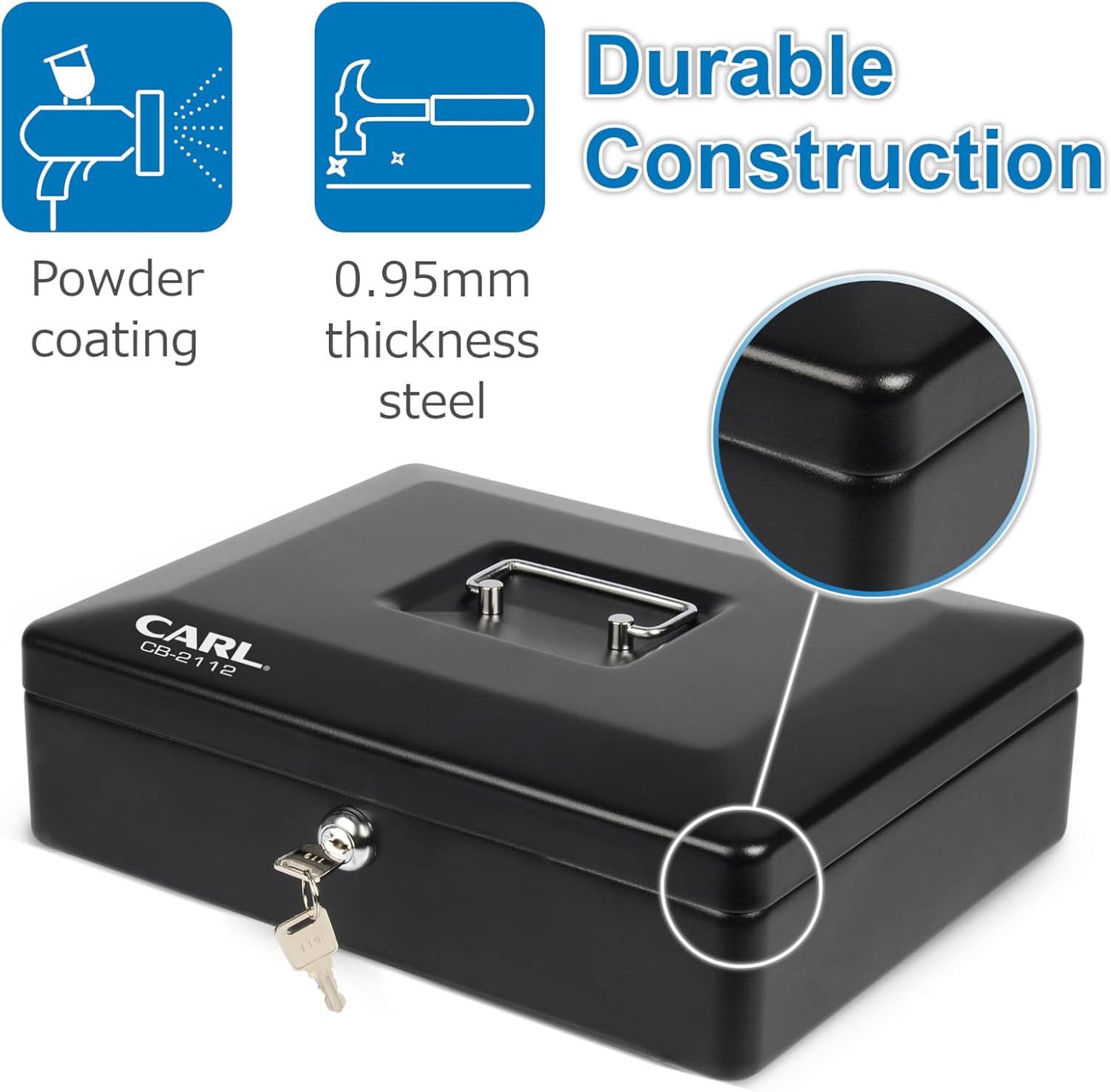 Carl Locking Large Metal Cash Box with Money Tray, Lock Box, Black (CB-2112) Pack of 2