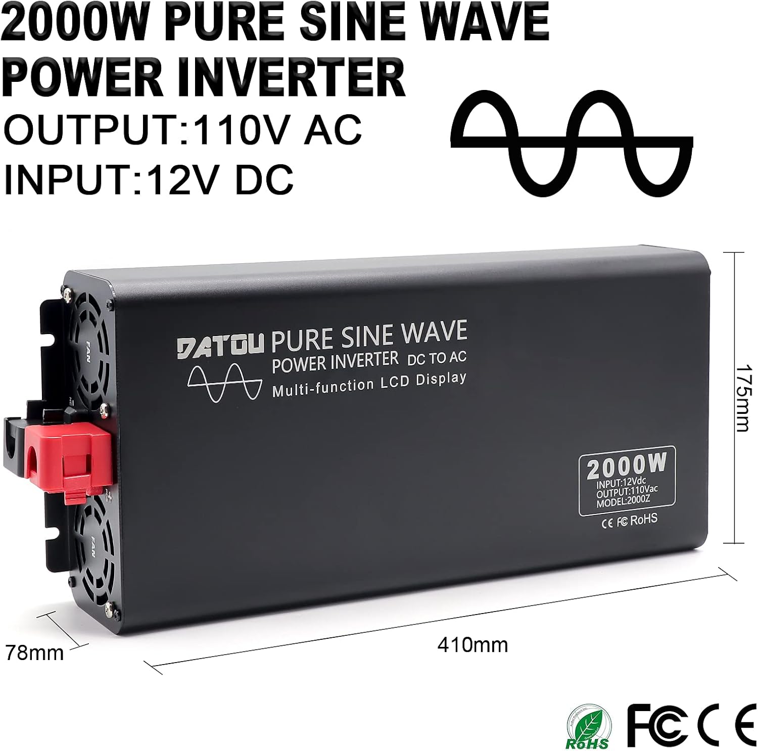 Pure Sine Wave Inverter 2000W Peak 4000W Power Inverter DC 12V to AC 110V 120V with 2 AC Outlets LCD Display for Home Solar System Car Truck RV Professional-Grade Voltage Converter Sine Wave Inverter