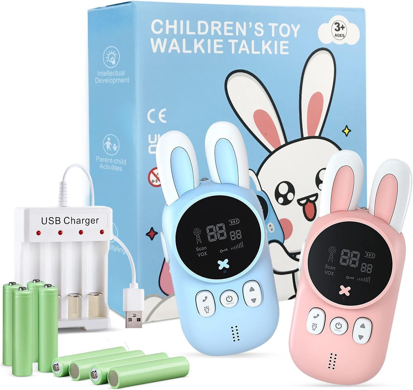 2 Pack Rechargeable Walkie Talkies for Kids with Batteries 1.86-Mile 8 Channels 2 Way Radio Toy with LED Flashlight and LCD Screen Cute Pink and Blue Bunny Gift for Boys and Girls