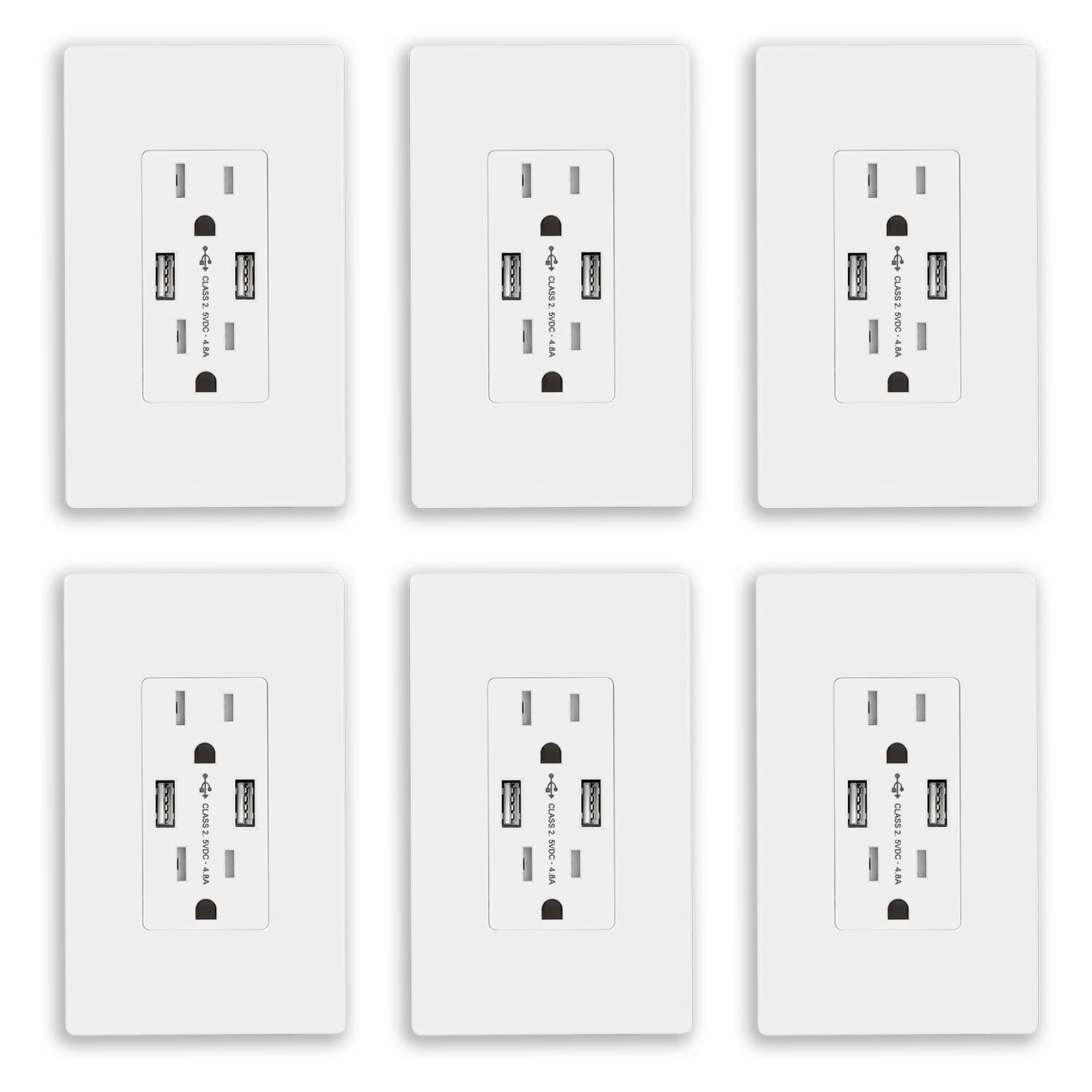 E Etermtt 15A Tamper Resistant 4.8A USB Outlet,Duplex Receptacle Standard Electrical Outlet,Child Proof Safety,Wall Plates Included,6 Pack，UL Listed.