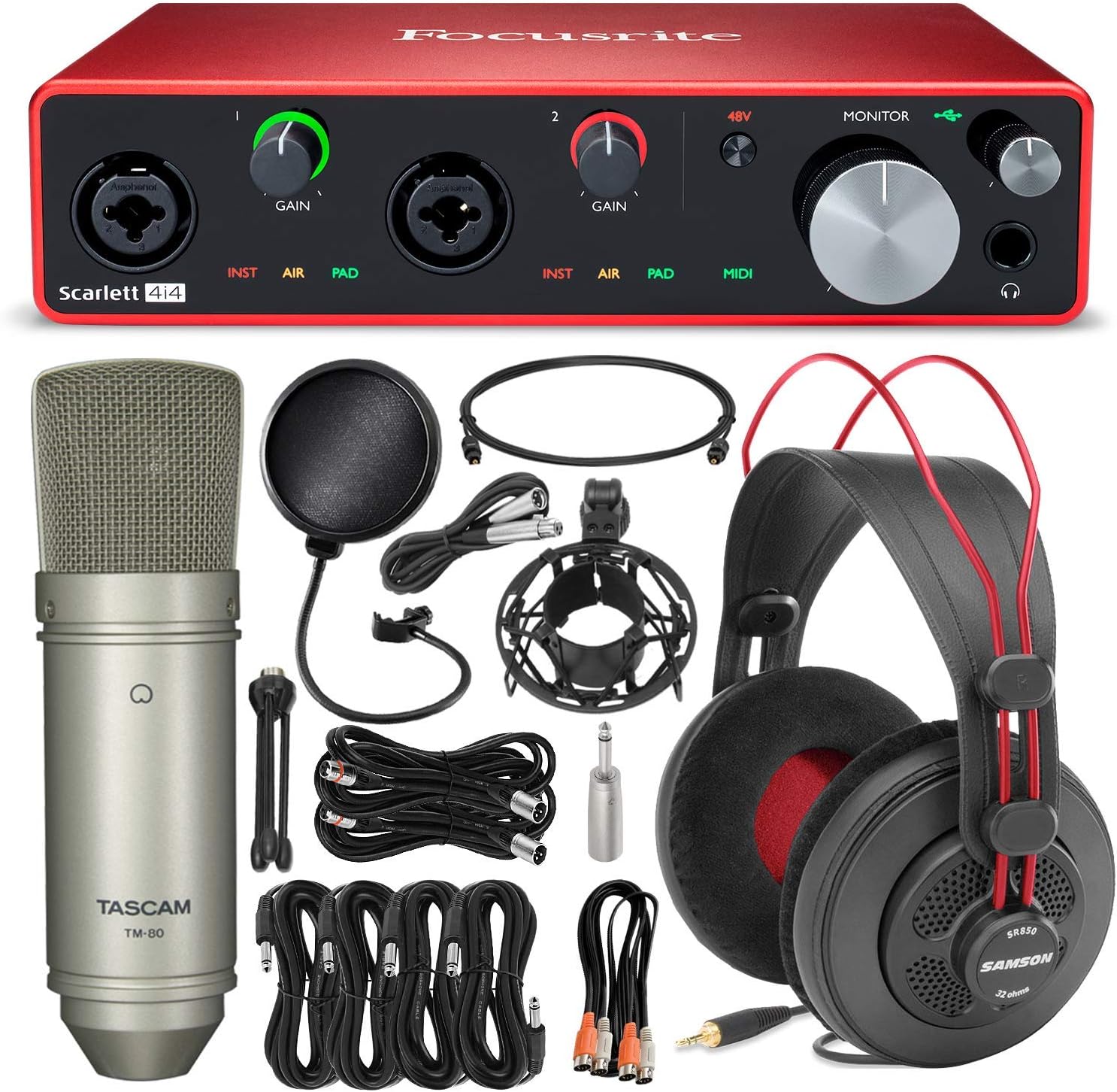 Focusrite Scarlett 4i4 USB Audio Interface (3rd Generation) + Tascam TM-80 Studio Condenser Microphone, Samson&nbsp;SR850 Stereo Headphones, Xpix Pop Filter, Cables and Professional Accessories