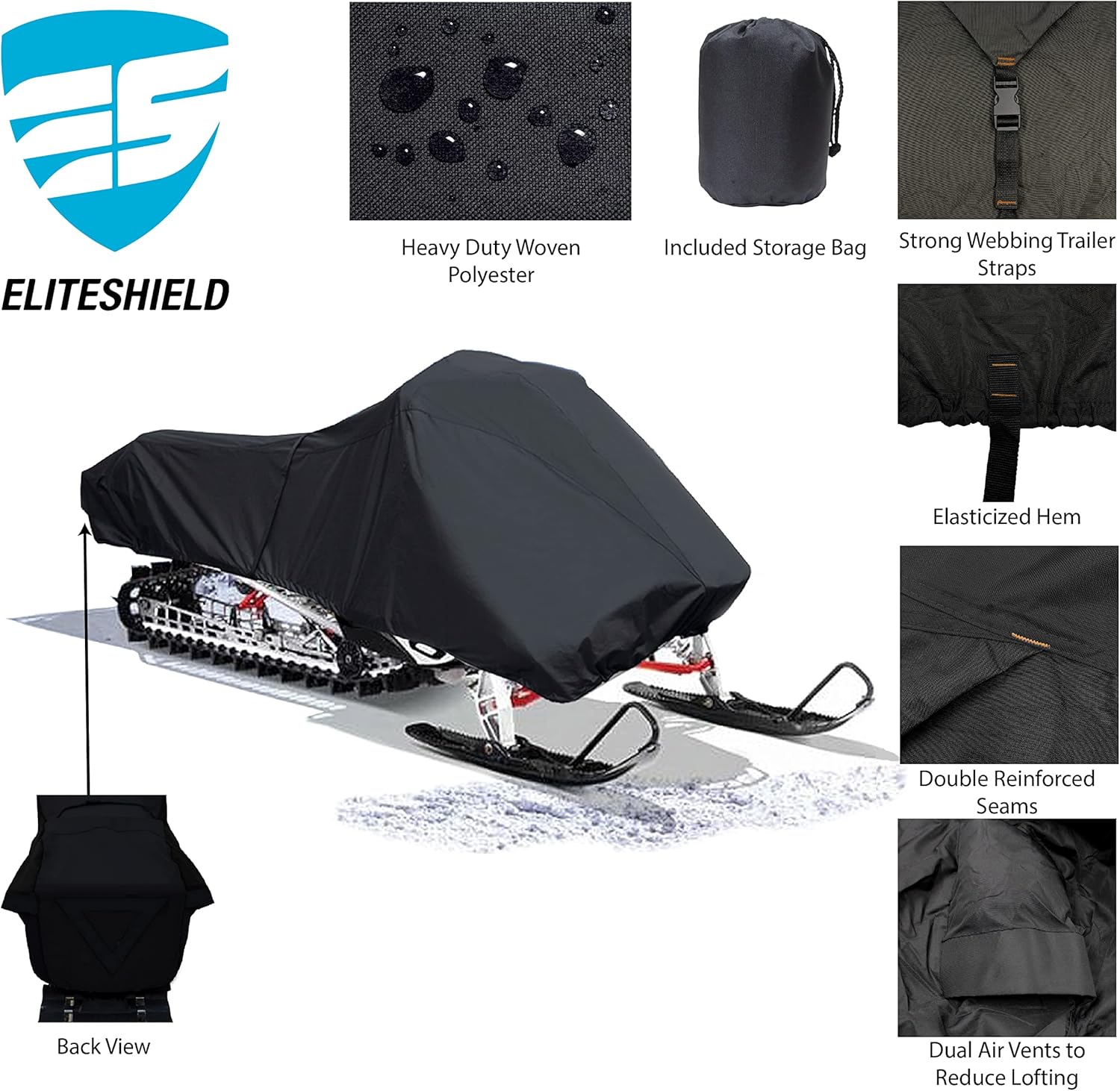 EliteShield SnowShield Snowmobile Cover, Solution-Dyed Fade Resistant All Weather Protection Snowmobile Cover, Black Color Fits Snowmobile up to 145 Inch Long