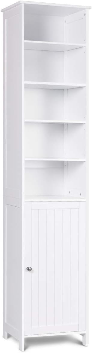 72'' Tall Cabinet, WATERJOY Standing Tall Storage Cabinet, Wooden White Bathroom Cupboard with Door and 5 Adjustable Shelves, Elegant and Space-Saving