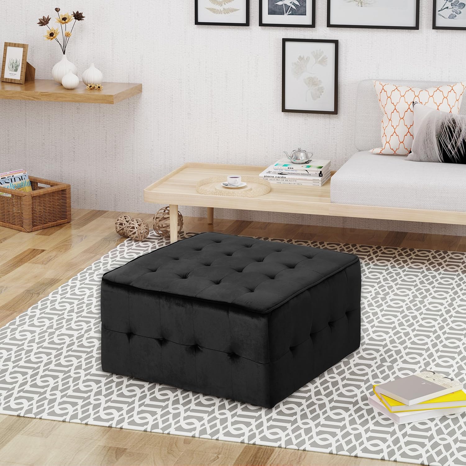 Christopher Knight Home Justin Glam Tufted Velvet Ottoman, Black