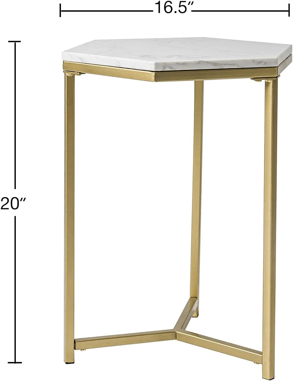 Hexagon Gold Accent Side End Table with Faux Marble Top for Living Room, White Nightstand for Home Office Small Space, 16''D x 20