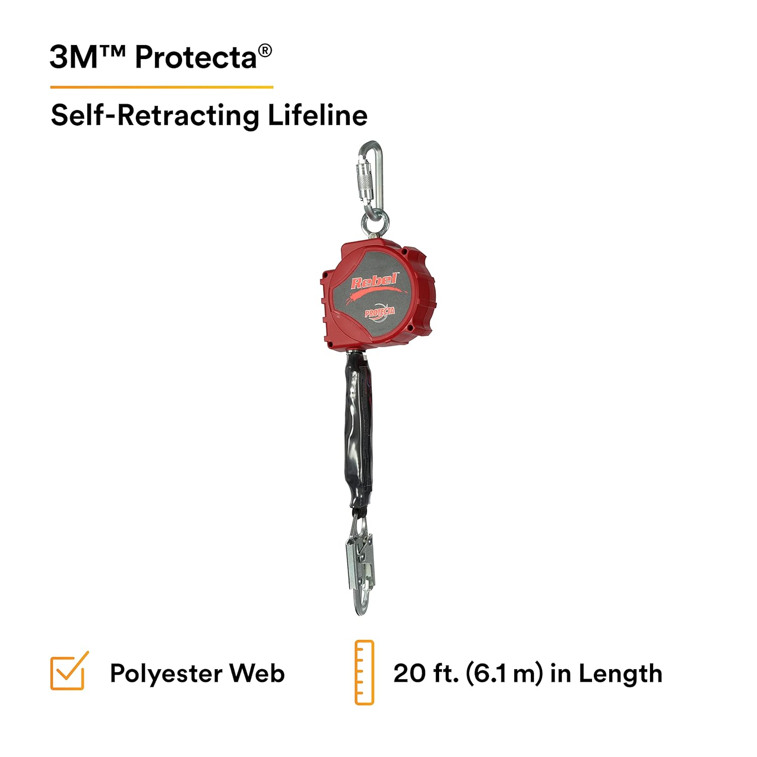 3M DBI-SALA 20' PROTECTA Rebel Single Leg Self-Retracting Polyester Web Lifeline with Steel Snap Hook, Swiveling Anchorage and Anchorage Carabiner,3100431,Red/Black