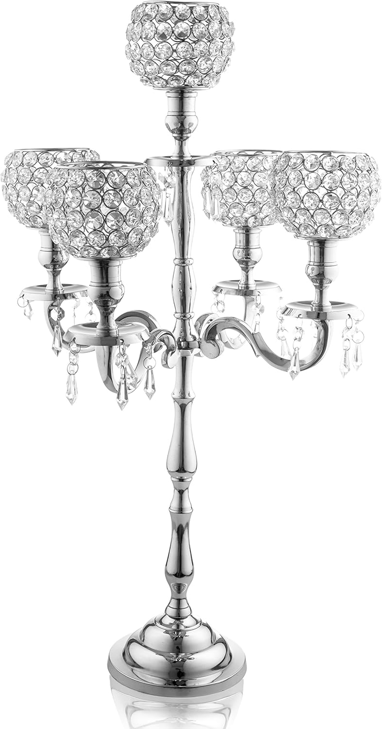 Klikel 5 Arm Candelabra - Wedding Table Centerpiece - Silver Candelabra - Candle Holder is Nickel Plated Aluminum With Acrylic Crystal Dangles And Globes - 24 Inch High Pack of 2