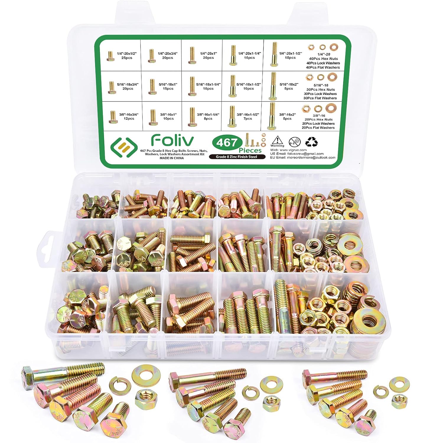 FOLIV 467Pcs Heavy Duty Bolt Nut Washer Kit - Flat Hex Screws Bolts Nuts Lock and Flat Gasket Washers Assortment Kit, Grade 8 Pack of 2