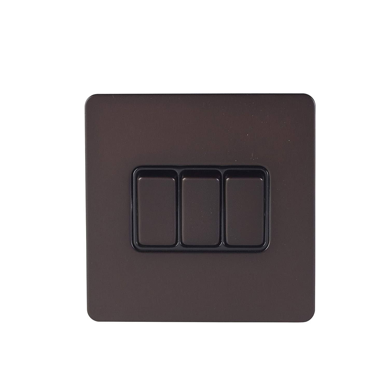 Schneider Electric Ultimate Screwless Flat Plate - 3 Gang 2 Way Light Switch, 16AX, GGBGU1432BDBP, Dark Bronze with Black Insert