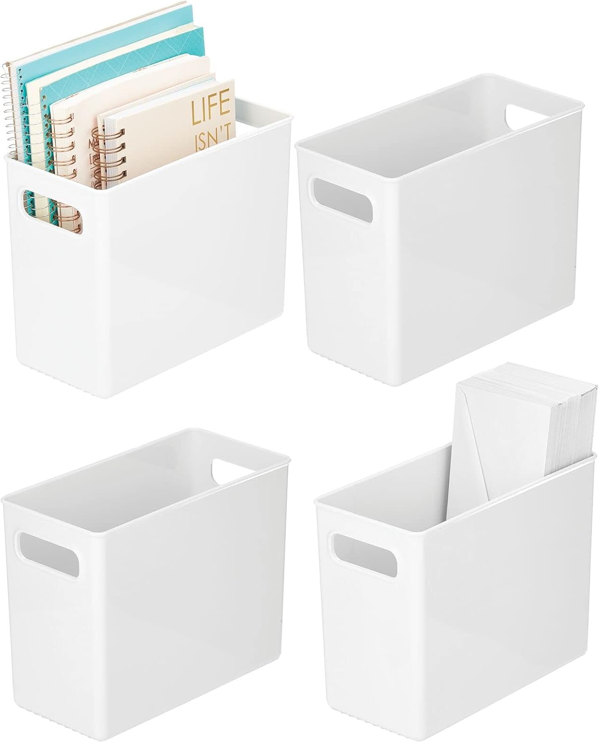 mDesign Plastic Storage Bin with Handles for Office, Desk, Book Shelf, Filing Cabinet - Organizer for Sticky Notes, Pens, Notepads, Pencils, Supplies - BPA Free, 10