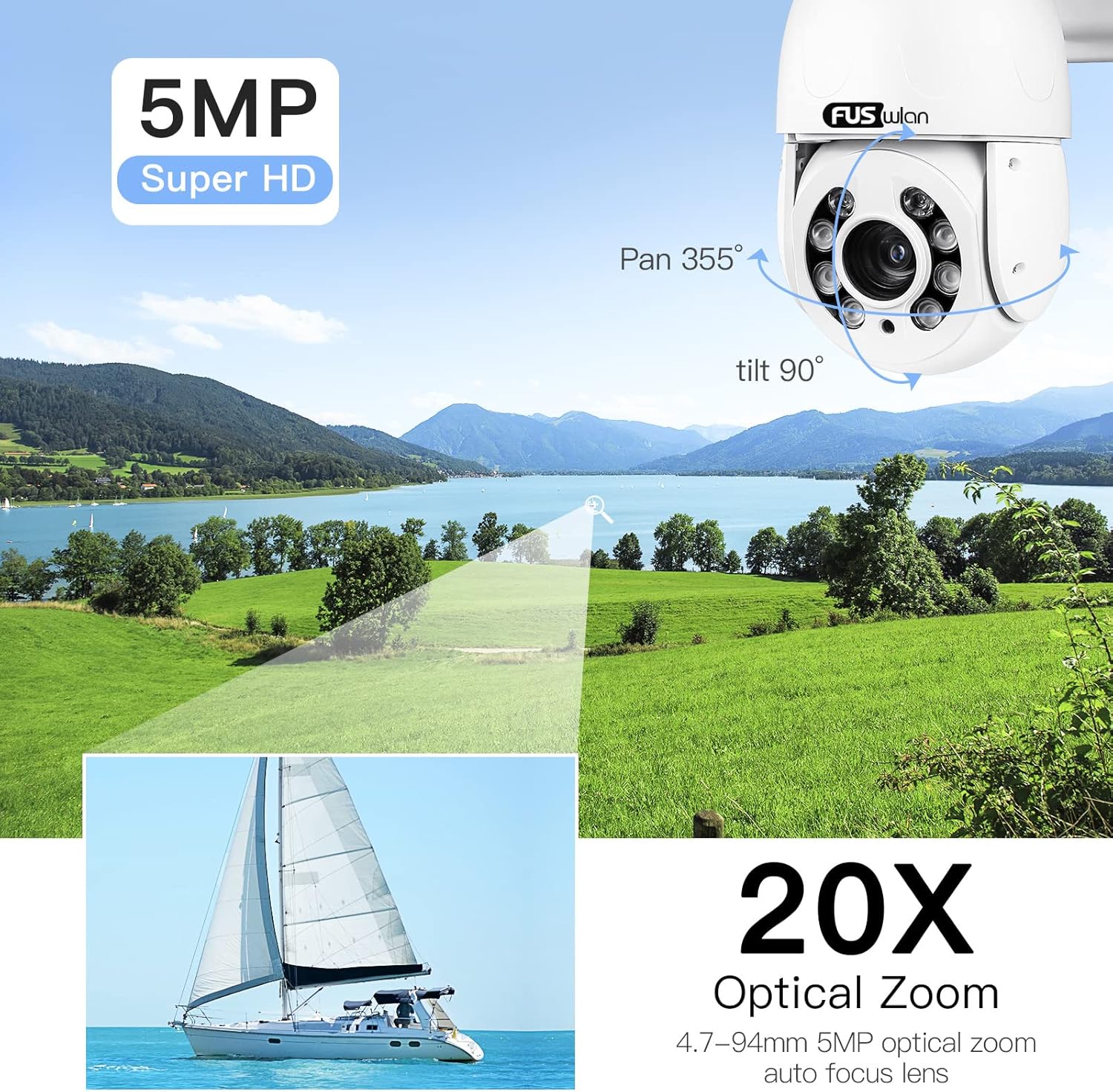 5MP PTZ Camera Outdoor with Auto Tracking, FUSWLAN Pan Tilt 20X Optical Zoom Focus IP Cameras, Floodlight WiFi Security Cam Support Color Night Vision, Humanoid Detection, 2-Way Audio, SD Card Storage