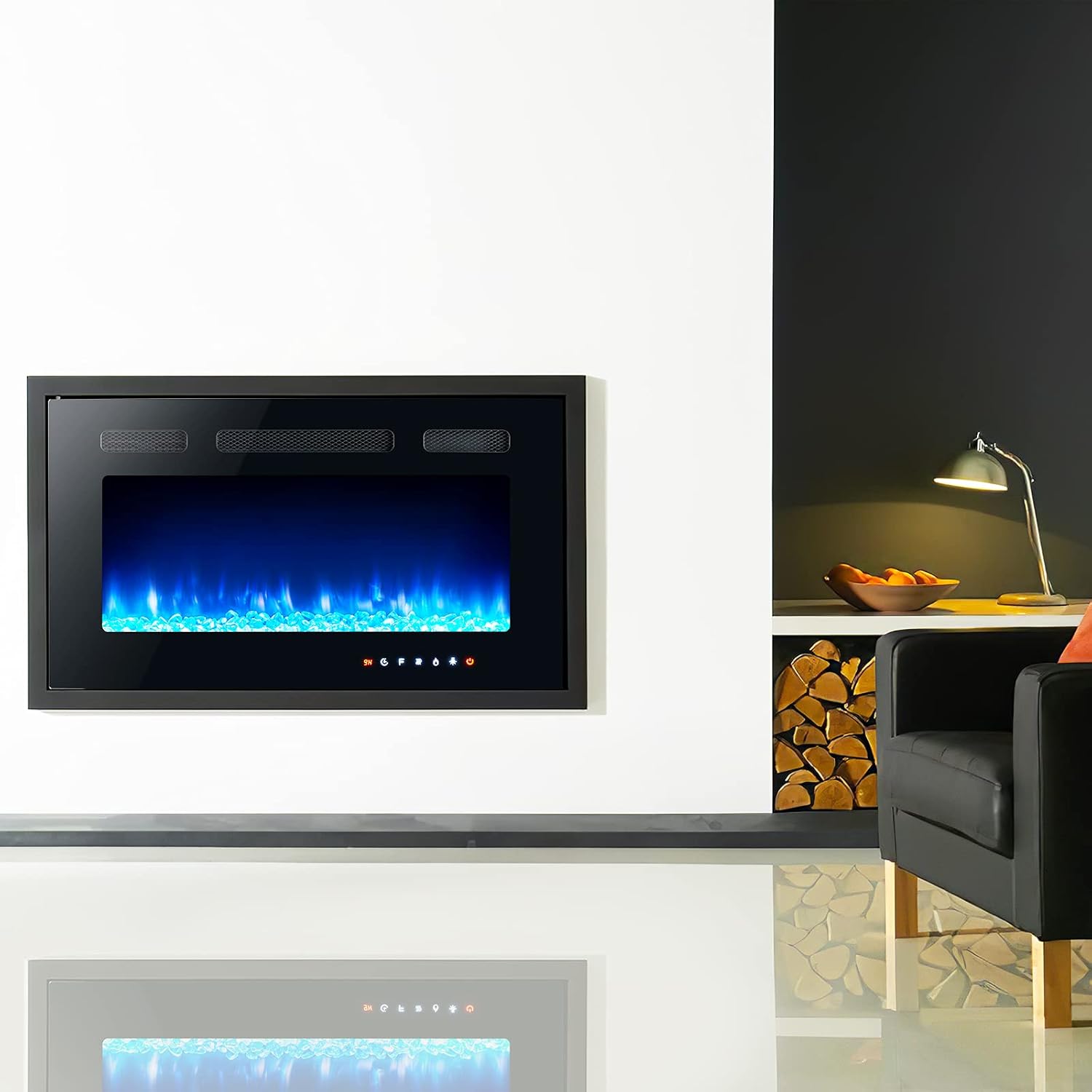Aoxun Electric Fireplace, 30'' in Wall Recessed and Wall-Mounted Electric Fireplace, 1500/750 Watt Fireplace Heater with 12 Color Flames - Touch Screen/Remote Control - Log & Crystal Stone Optional