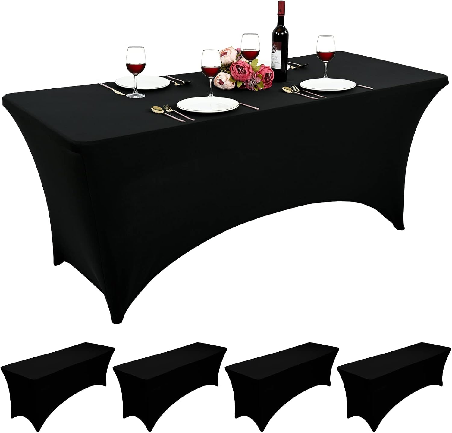 4 Pack Spandex Table Cover for 6ft Folding Tables Fitted Rectangular Tablecloth Stretch Table Cover Polyester Washable Tablecloth Protector for Wedding,Trade Shows,Banquet,Cocktail,Party (Black)