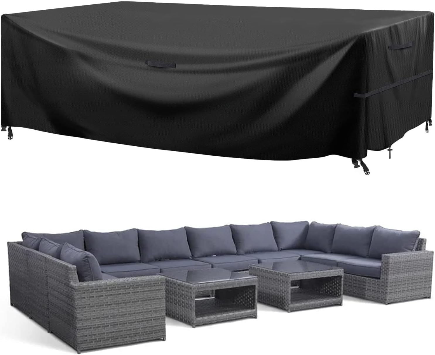 KDY Outdoor Patio Furniture Covers Waterproof Extra Large Patio Set Table Covers Rectangular with 4 Windproof Buckles No Tears Anti UV No Fading (600D Oxford Fabric,124inX70inX29in),Black