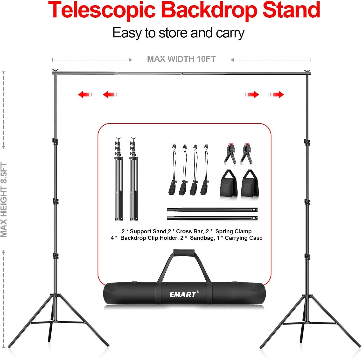EMART 8.5 x 10 ft Photo Backdrop Stand, Adjustable Photography Muslin Background Support System Stand for Photo Video Studio