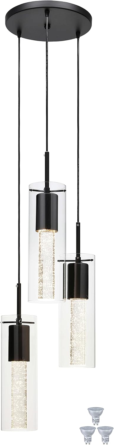 XiNBEi Lighting Pendant Light, Modern 3 Light Cluster Kitchen Island Pendant Lighting with LED Bulb & Bubble Crystal, Matte Black Finish XB-P1110-3-MB