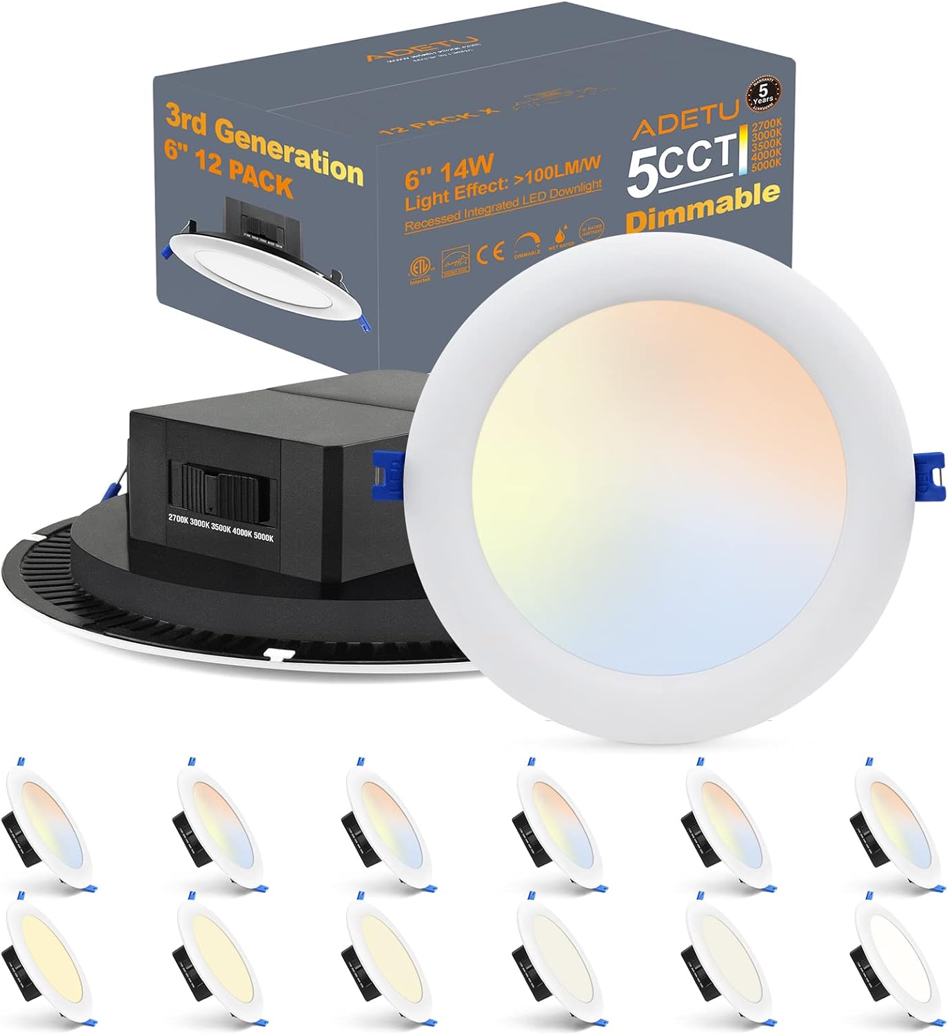 Adetu 12 Pack 6 Inch 5CCT Dimmable LED Recessed Light with Integrated Junction Box, 2700K/3000K/3500K/4000K/5000K Selectable,14W 115W Eqv, Canless Downlight- ETL Energy Star