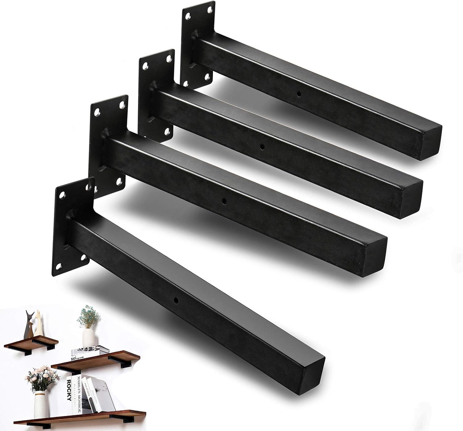 Shelf Brackets,Brackets for Shelves 8 Inch, Industrial Floating Bracket,Wall Mounted Heavy Duty Rustic Shelf Brackets, Decorative Shelving, Shelf Supports Black 4 Pack