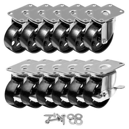 12 Pack 4 inch All Steel Metal Swivel Plate Caster Wheels w/ Brake Lock Heavy Duty High-gauge Steel w/ Screws (6 No Brake u0026