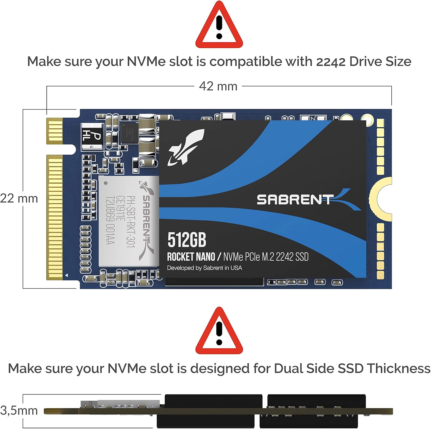 Sabrent 512GB Rocket NVMe PCIe M.2 2242 DRAM-Less Low Power Internal High Performance SSD (SB-1342-512) Pack of 2