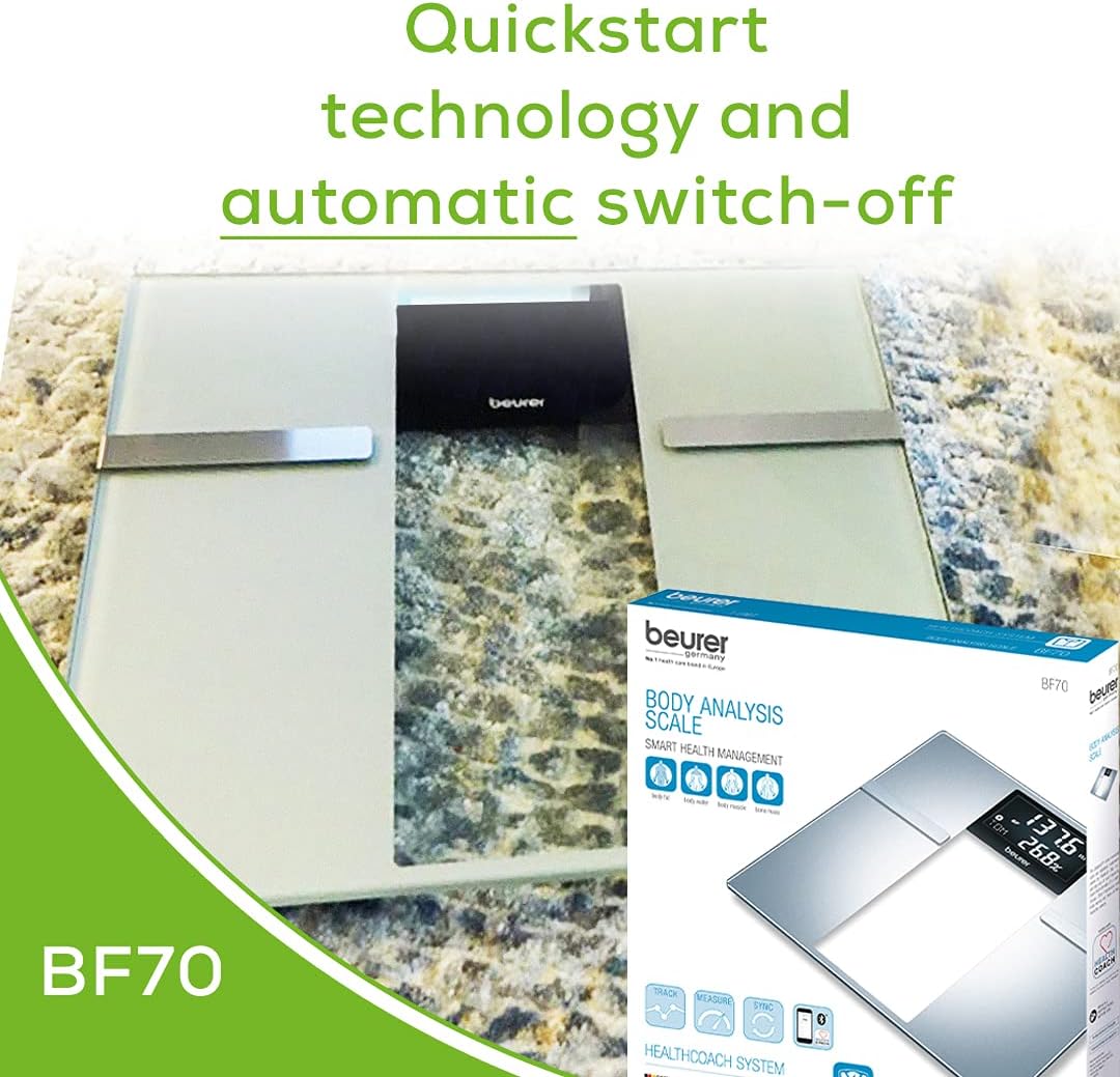 Beurer BF70 Body Fat Scale, Weight, Water & More, Smart Digital Scale for Full Body Analysis, BMI & Calorie Display, App Sync via Bluetooth, User Recognition, 8 Memory Spaces, Grey Pack of 2