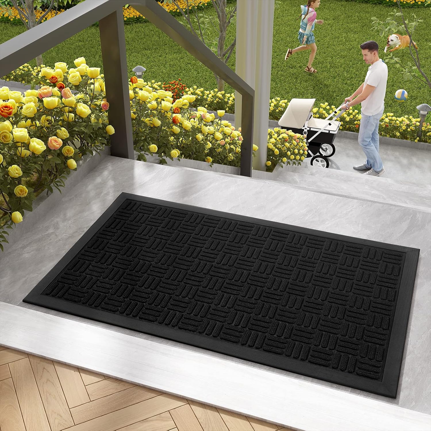 Color G Outdoor Mat Extra Large Door Mat, Heavy Duty Anti-Slip Waterproof Low Profile Rubber Front Door Mat Welcome Mat for Outdoor Entrance,High Traffic Areas Black 72 x 46