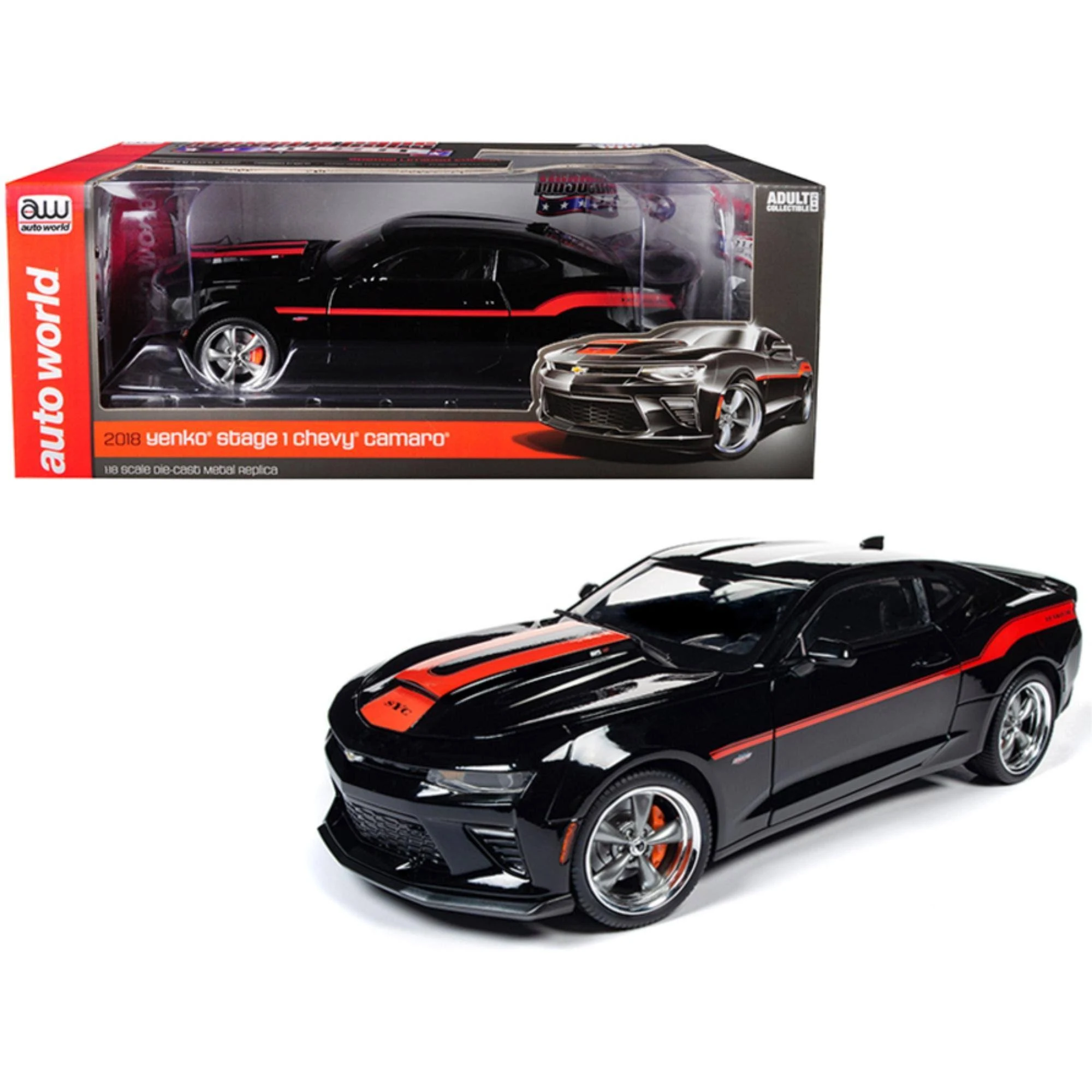 2018 Chevrolet Camaro Yenko/SC Stage I Coupe Black with Orange Stripes Limited Edition to 300 Pieces Worldwide 1/18 Diecast Car