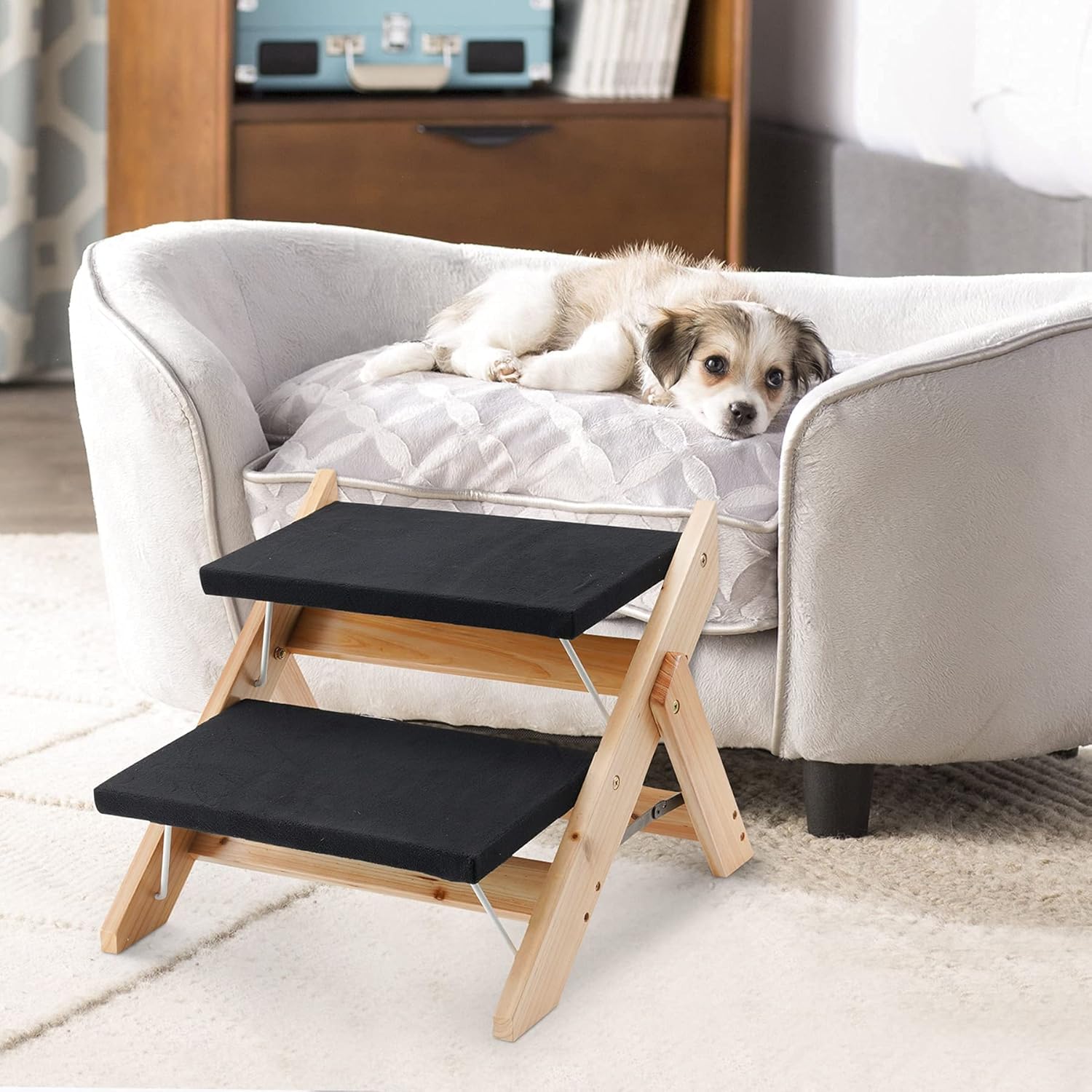 Kerrogee 2-in-1 Dog Pet Stairs, Foldable Pet Ramp with 2 Levels,Wooden Pet Steps for Small to Large Dogs,Pet Ladder for Car,High Bed and Couch,Easy Storage Pack of 2