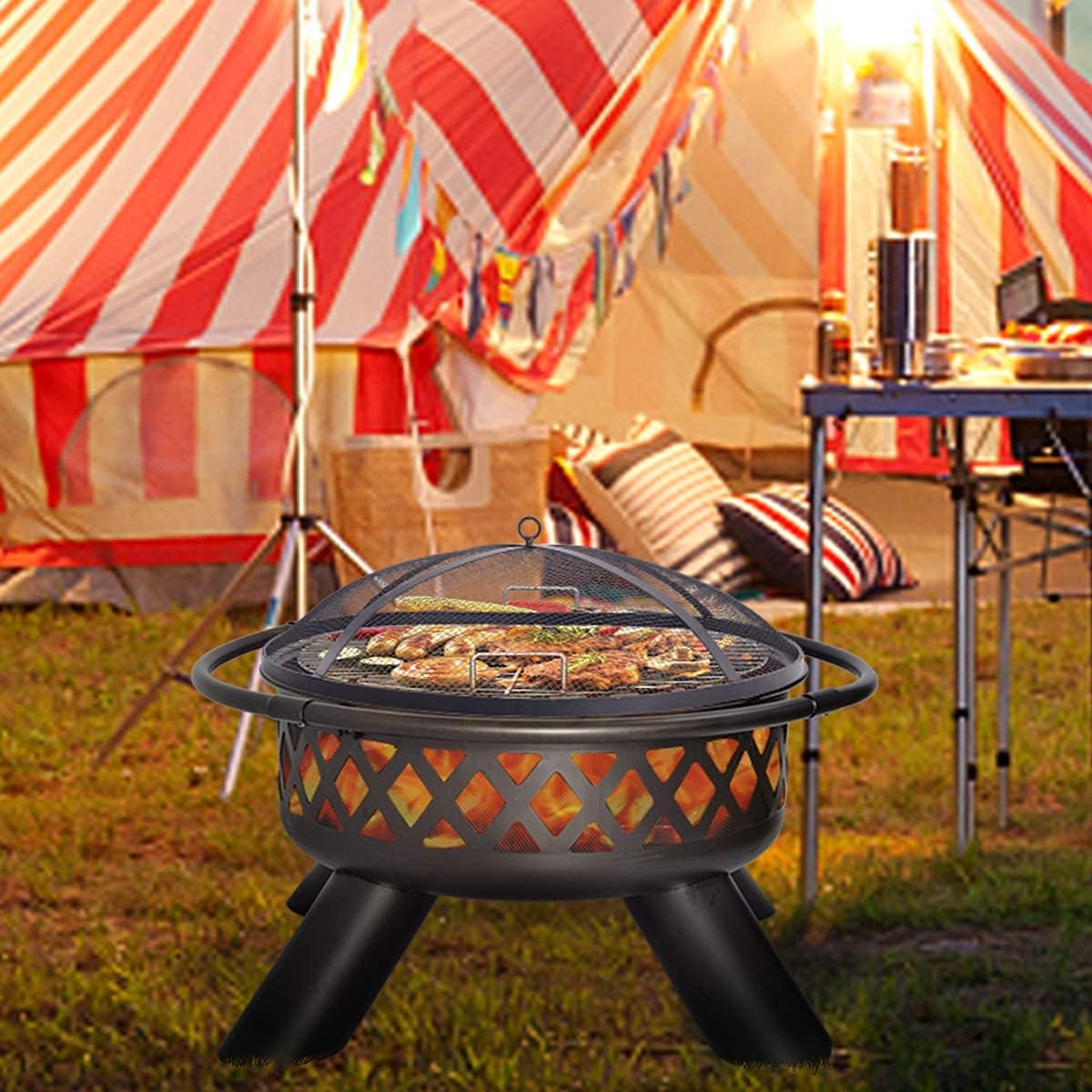 Sharellon Wood Burning Fire Pit - 37.5 Inch Large Steel Fire Pits, Heavy Duty Fire Pits with BBQ Grill Fire Pit Spark Screen and Fireplace Poker for Outside Wood Burning BBQ Party