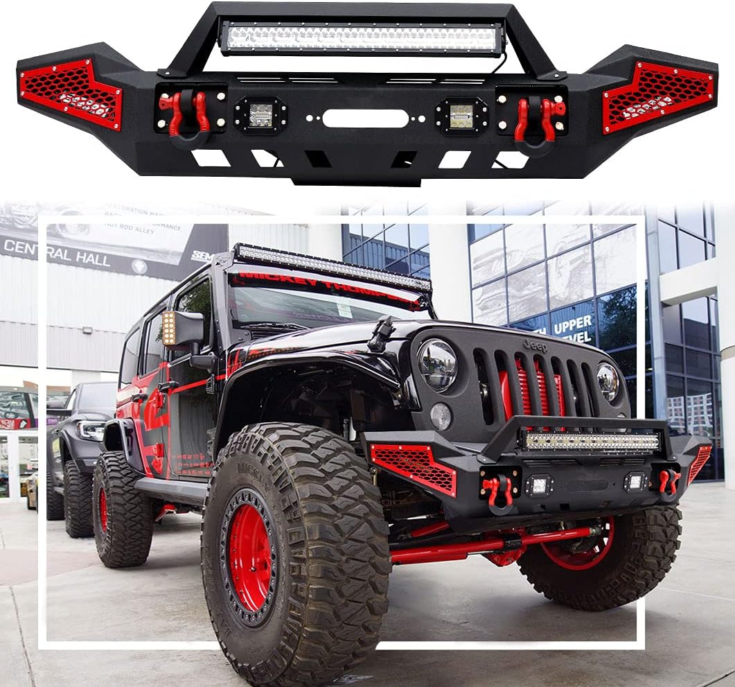 UTVJATV Front Bumper Fits 2007-2018 Jeep Wrangler JK&2018-2022 Wrangler JL&2020-2022 Jeep Gladiator,Full Width bumper protector with 5 LED lights&2 D-Rings&Winch Plate,Jeep Accessories Textured Black