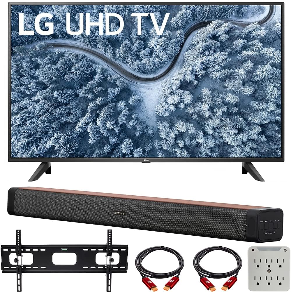 LG 50 Inch UP7000 Series 4K LED UHD Smart webOS TV (2021 Model) Bundle with Deco Home 60W 2.0 Channel Soundbar, 37-70 inch TV Wall Mount Bracket Bundle and 6-Outlet Surge Adapter