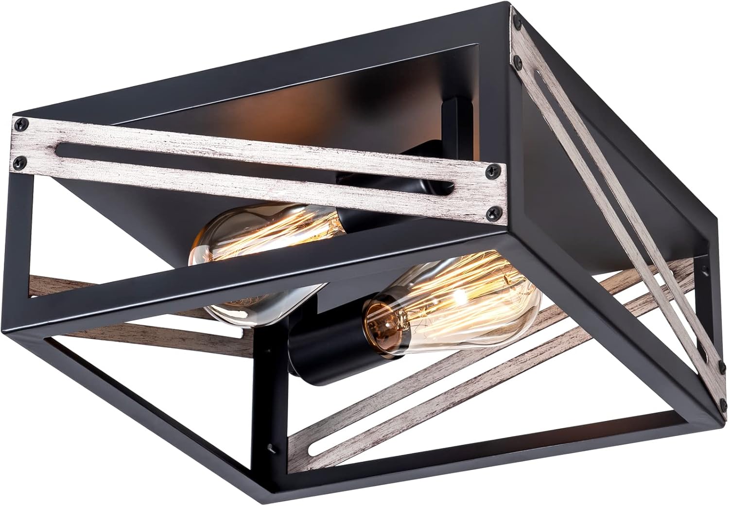 Flush Mount Lighting Fixtures Rustic Industrial Vintage Metal Ceiling Light for Farmhouse Kitchen Bedroom Hallway Living Room Porch Entryway Foyer Black and Wood Grain Texture Finish 3-Light Round