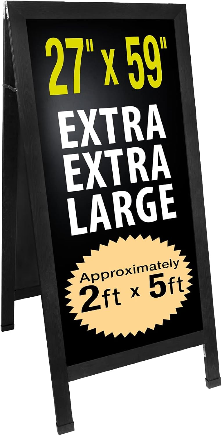 Excello Global Products Sandwich Board Sidewalk Chalkboard Sign: Reinforced, Heavy-Duty/Double Sided/Large 59x27 Chalk Board Standing Sign A-Frame (Black)