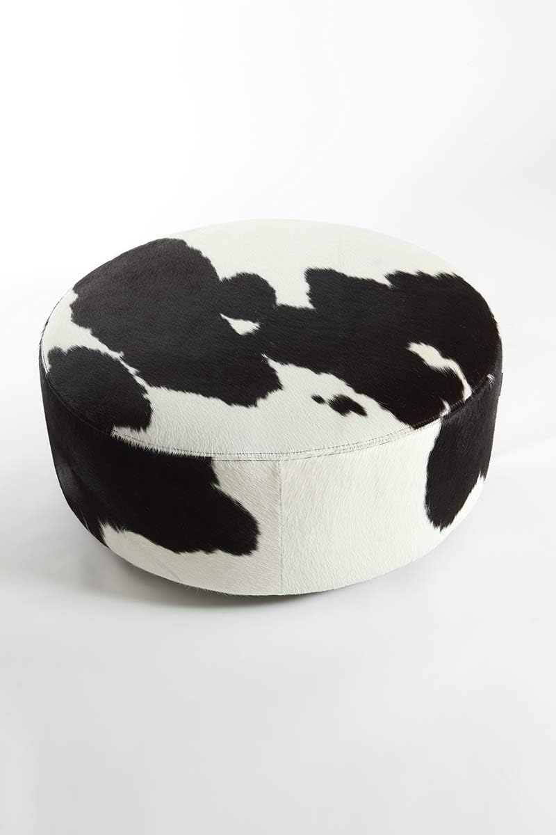 Black & White Natural Cowhide Round Ottoman - 31 Inches Diameter - Gaucho Cowhides