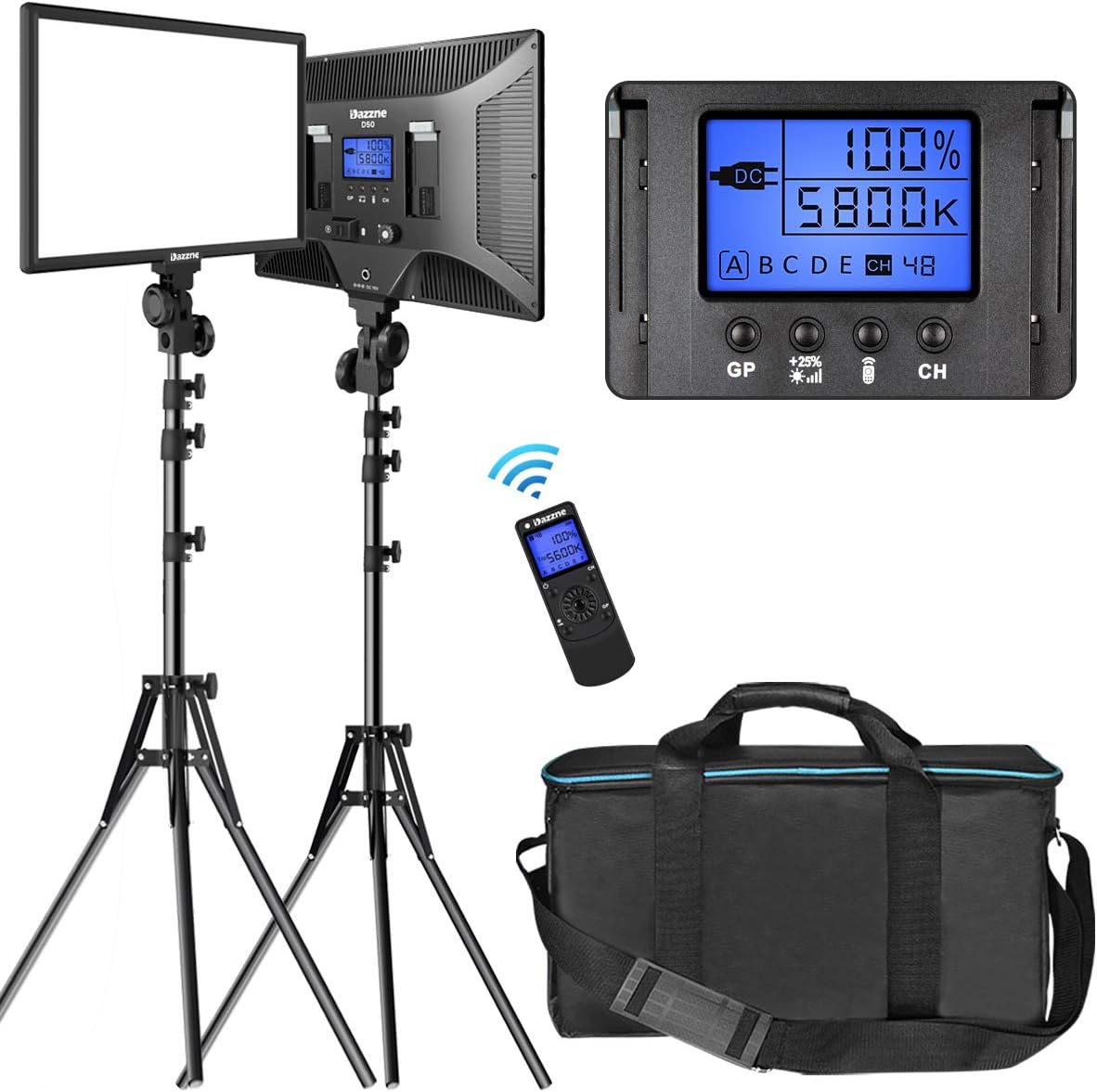 LED Video Lighting Kit with Wireless Remote, Dazzne D50(2 Packs) Dimmable Bi-Color 15.4“ LED Panel Light Stand, 45W 3000K-8000K CRI>96 Studio Light for Video Shooting Live Stream Photography YouTube
