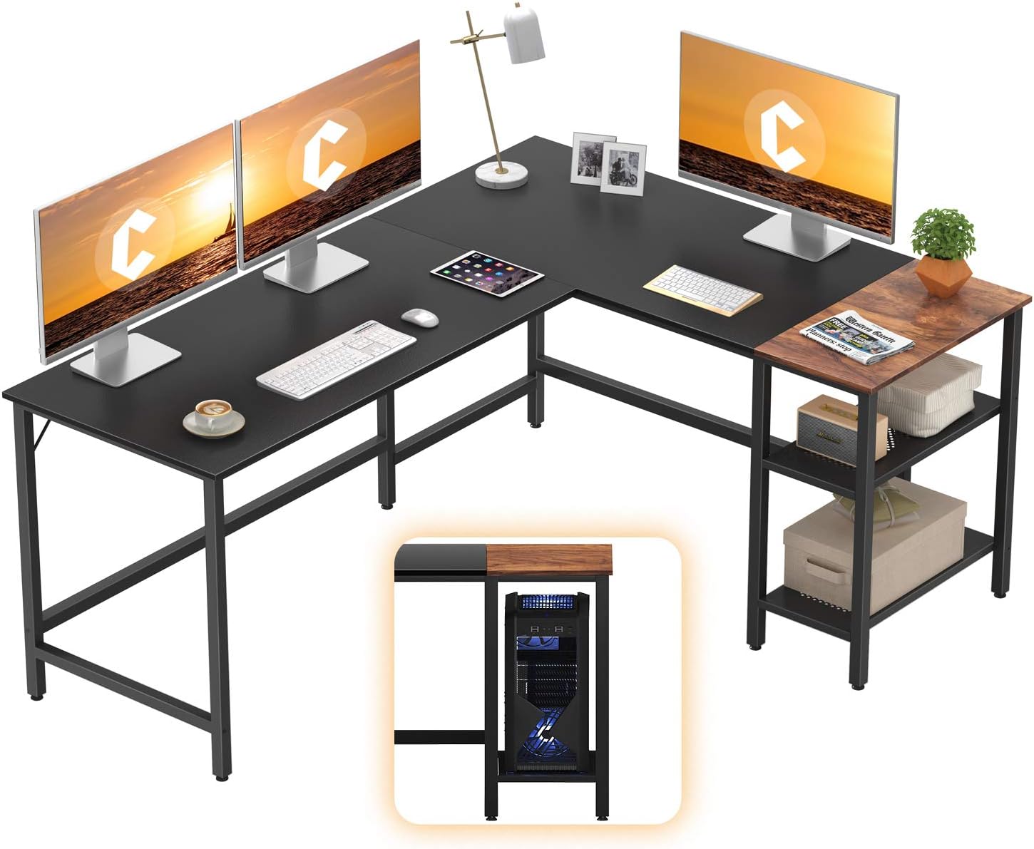 CubiCubi L Shape Computer Desk with Storage Shelf Study Writing Table for Home Office, Modern Simple Style PC Desk, Black Metal Frame, Rustic