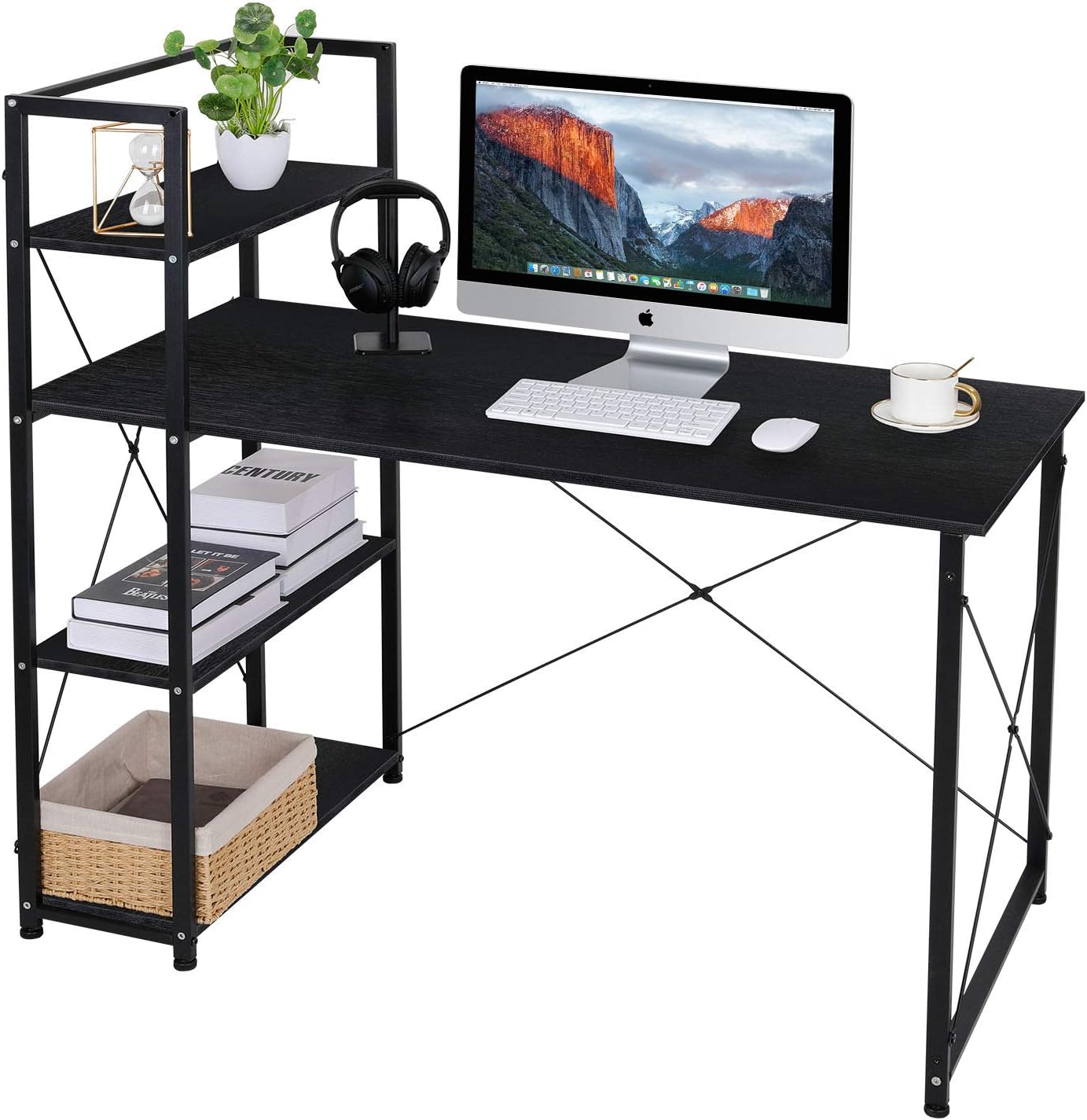 AuAg Computer Desk with 4 Tier Storage Shelves, 47&rdquo; Home Office Desk with Reversible Bookshelf, Writing Study Table Workstation with Tower Shelf for Small Space(Black)
