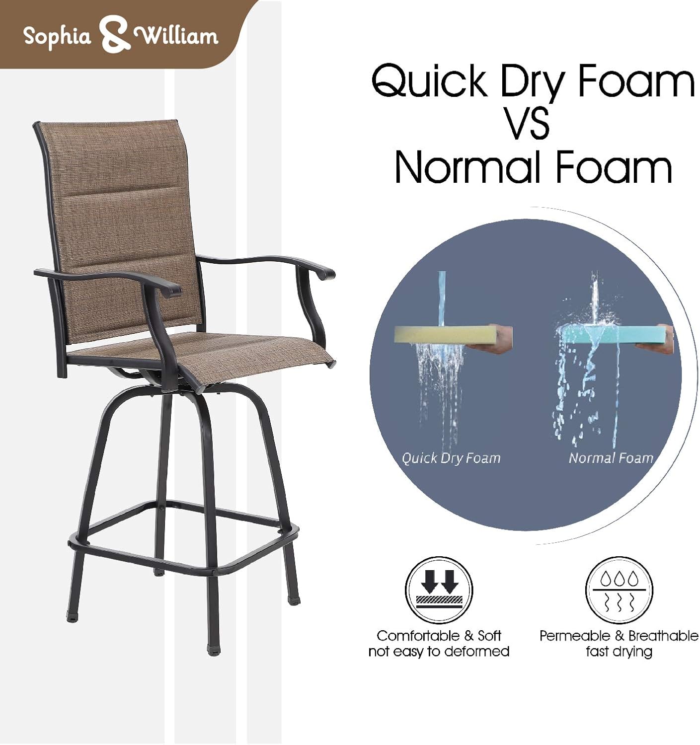 Sophia & William Swivel Bar Stool Patio Bar Chairs Padded Textilene Outdoor Furniture Set All Weather 2 Pack, Brown