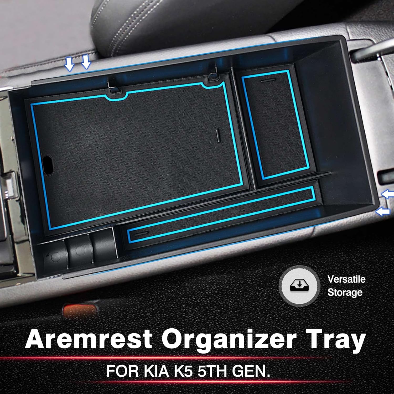 Karltys Compatible with Center Console Organizer Kia K5 DL3 2022 2021 2023 Armrest Box Storage Middle Console Tray with Blue and Black Pads (Not for 2016-2020 Kia Optima)