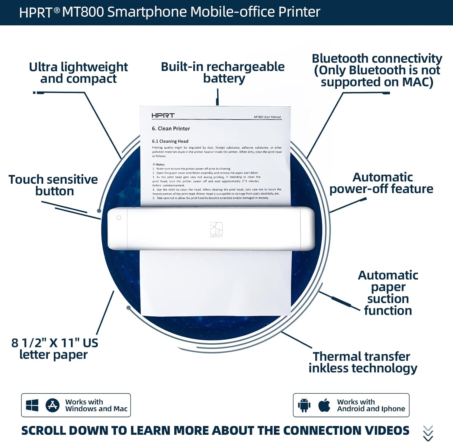 HPRT MT800 Wireless Bluetooth Black-and-White Portable Printer, Supports 8.5